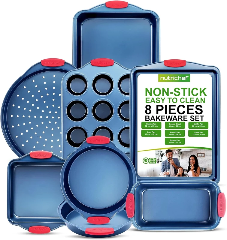 NutriChef 8-Piece Non-Stick Baking Tray Set, Oven-Safe Bakeware Trays with Cookie Sheet, Loaf Pan, Pizza Pan, Muffin Tin, Cake Tin, Durable Carbon Steel Baking Set with Red Silicone Handles – Blue
