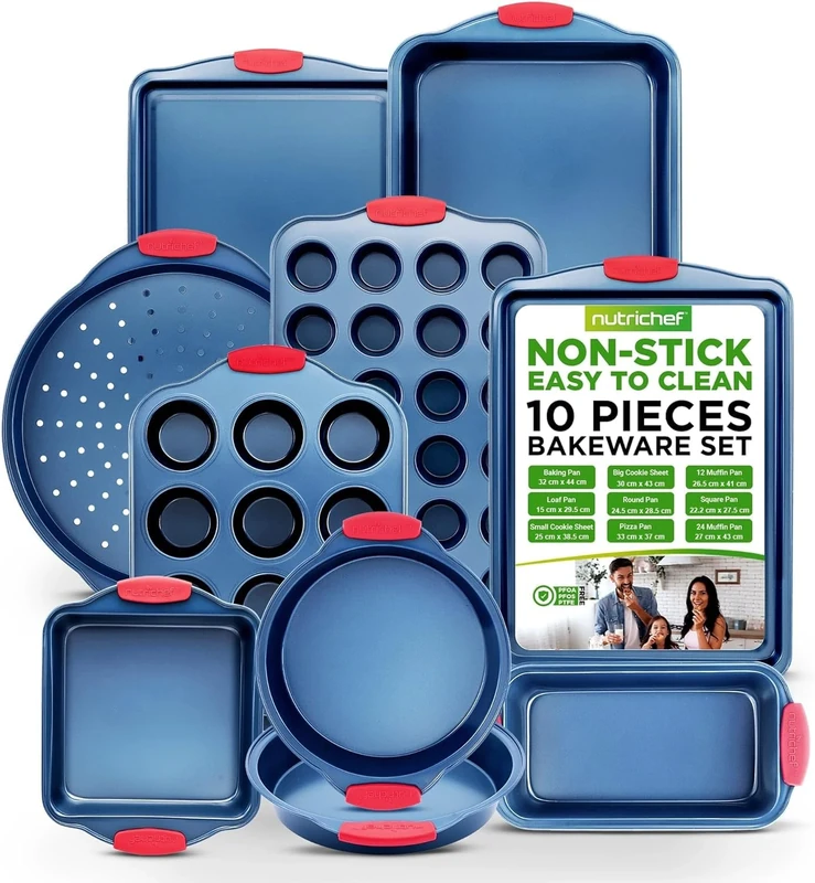 NutriChef Non-Stick Bakeware Set Carbon Steel, 10-Piece Heavy-Duty Baking Trays for Oven, Cooking Pans with Silicone Handles, Muffin Tray, Cookie Sheets, Loaf, Round & Square Pans, Dishwasher Safe