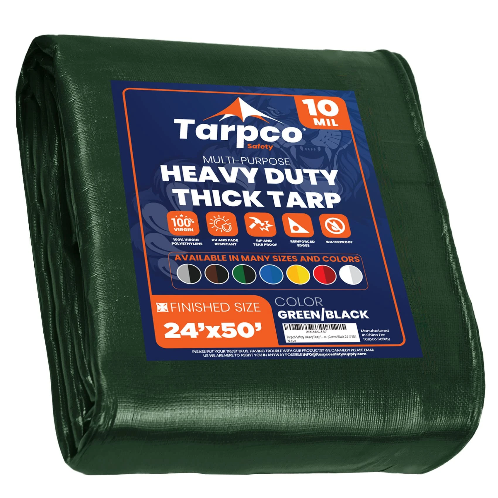 Tarpco Safety - Tarpaulin Waterproof Heavy Duty(190 g/m²|24′ X 50′ | 7.3m X 15.25m|Green/Black-10 Mil)UV Resistant, Tear Proof, Protective Poly Tarpaulin with Reinforced Edges for Multi-purpose usage