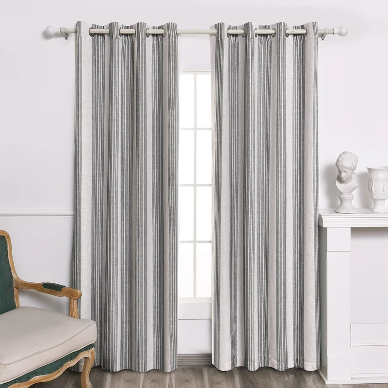 DriftAway Chris Vertical Striped Pattern Linen Blend Lined Thermal Insulated Blackout and Room Darkening Linen Curtains for Farmhouse Printed 2 Panels 52 Inch by 84 Inch Gray