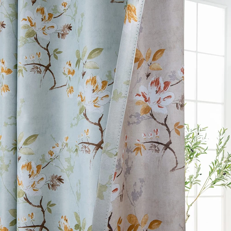 SUOUO Double Sided Floral Blackout Curtains for Bedroom Print Aqua Green Vintage Flower Room Darkening Window Drapes Set for Living Room 84 Inches Long 2 Panels