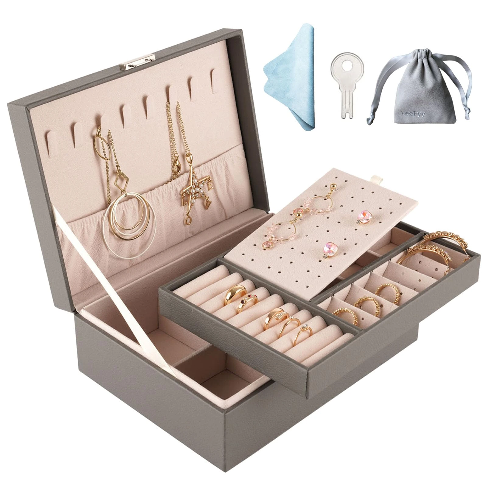 Jewellery Organiser, 2 Layer PU Leather Jewellery Box with key, Jewelry Box for Women, Jewellery storage Organiser for Necklace Earrings Bracelet Ring Accessories