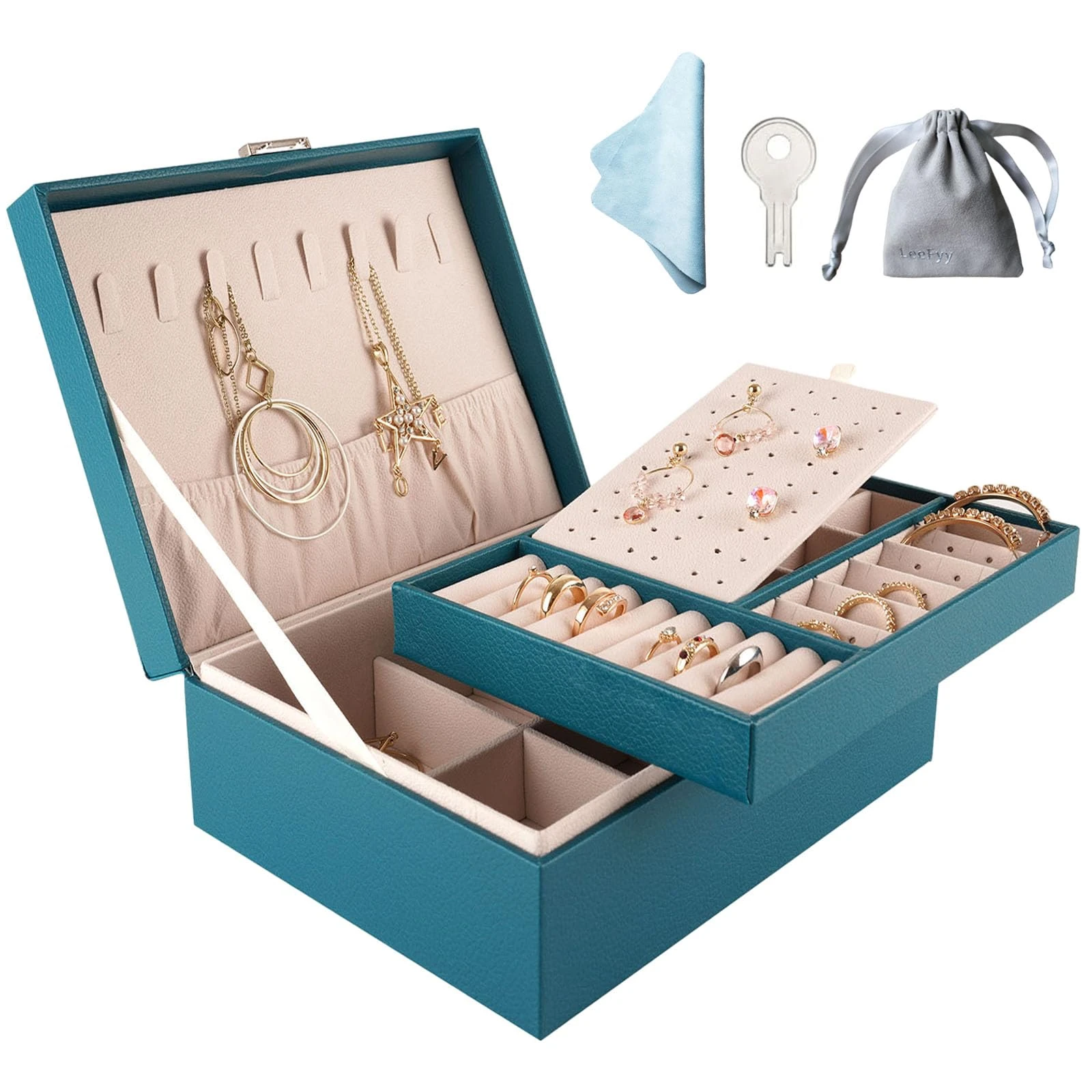 Jewellery Box, 2 Layer PU Leather Jewellery Organiser with Key, Jewelry Box for Women, Jewellery Storage Organiser for Necklace Earrings Bracelet Ring Accessories