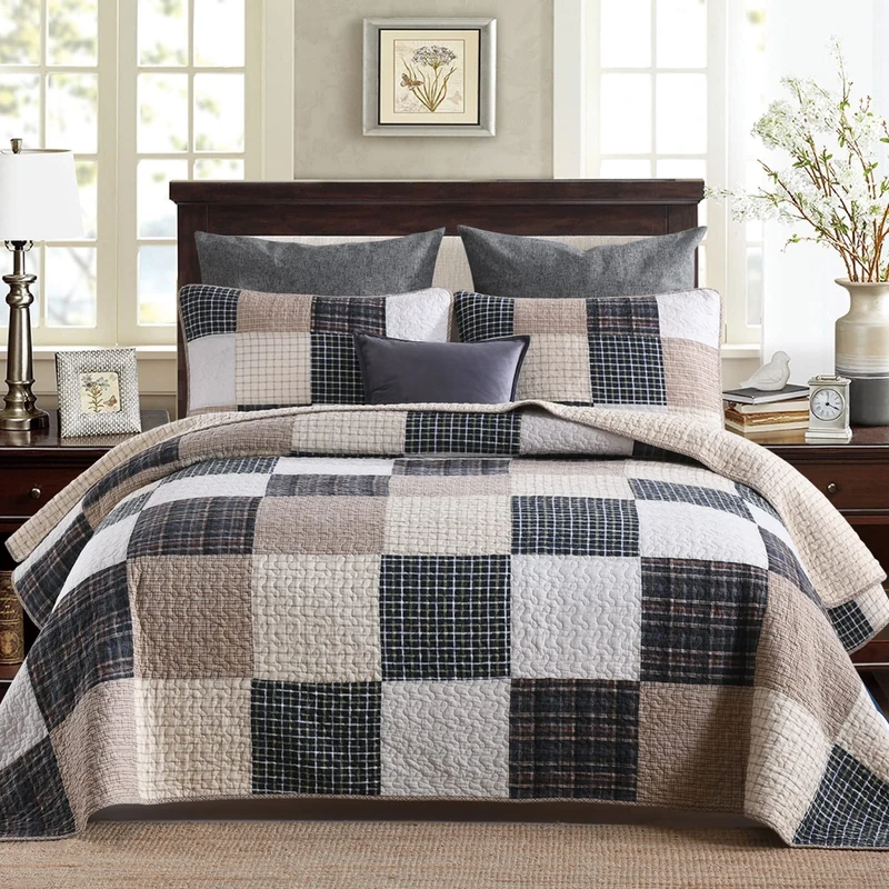 PERHOM King Size Quilt 100% Cotton Quilt Bedding Set King Size, Real Patchwork Farmhouse Bedspreads, Lightweight King Quilt Sets for All Season, 3 Pieces