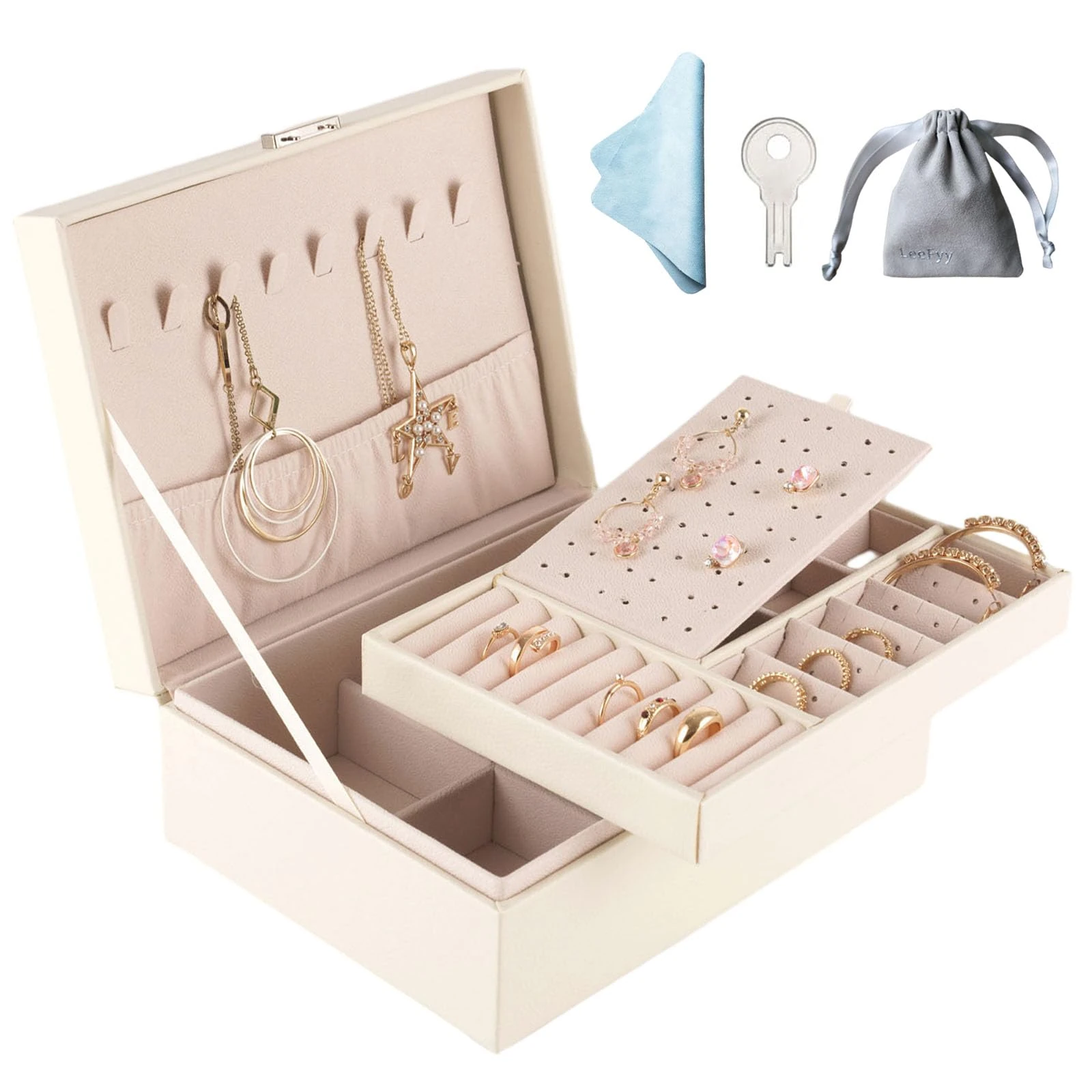 Jewellery Organiser, 2 Layer PU Leather Jewellery Box with 2 Key, Jewelry Box for Women, Jewellery storage Organiser for Necklace Earrings Bracelet Ring Accessories