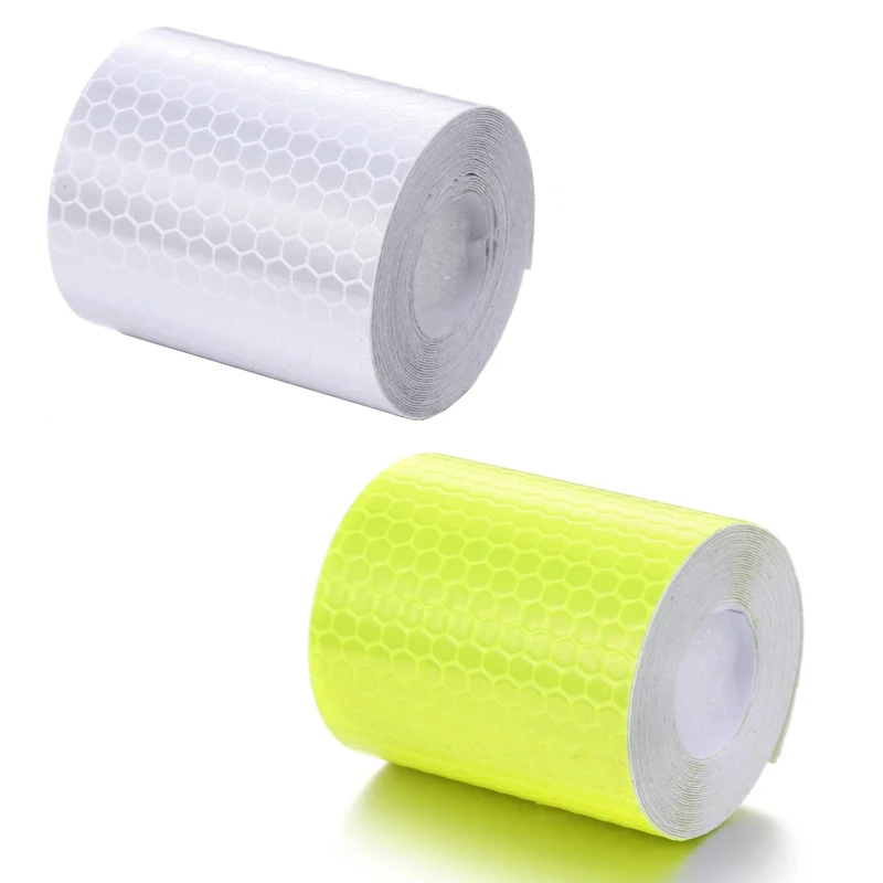 Reflective Tape, 2 Rolls 3M x 5CM Safety Tape Waterproof PVC Self-Adhesive Warning Stickers Security Marking Tape for Bicycle Car Truck Motorcycle Baby Strollers Helmets at Night -Yellow + White