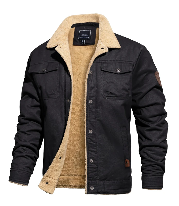 TACVASEN Men's Winter Jackets Thick Warm Jacket Military Trucker Coat Cotton Thermal Casual Tactical Cargo Work Coats Black XL