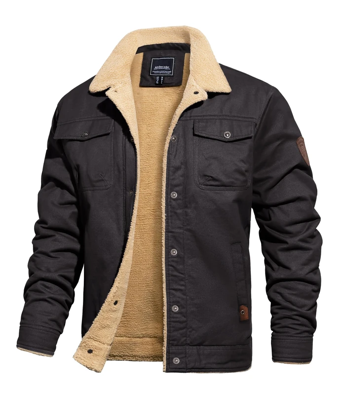 TACVASEN Mens Sherpa Winter Warm Jacket Fleece Lined Trucker Lumberjack Jackets Thick Thermal Casual Tactical Military Coat Dark Grey XL