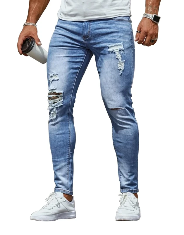 HUNGSON Men's Skinny Slim Fit Ripped Distressed Stretch Jeans Pants, Blue2001, 32