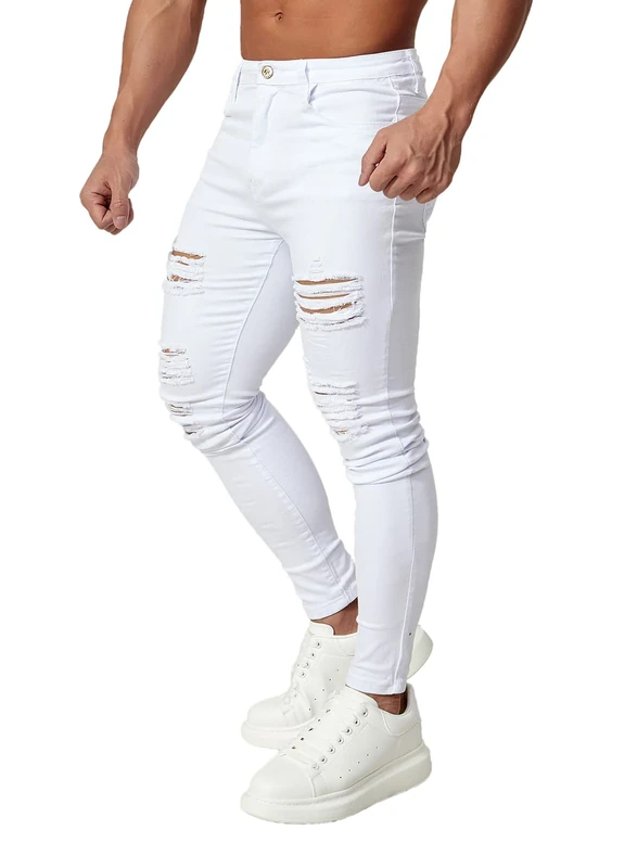 HUNGSON Men's Skinny Slim Fit Ripped Distressed Stretch Jeans Pants, Whiterip, 32
