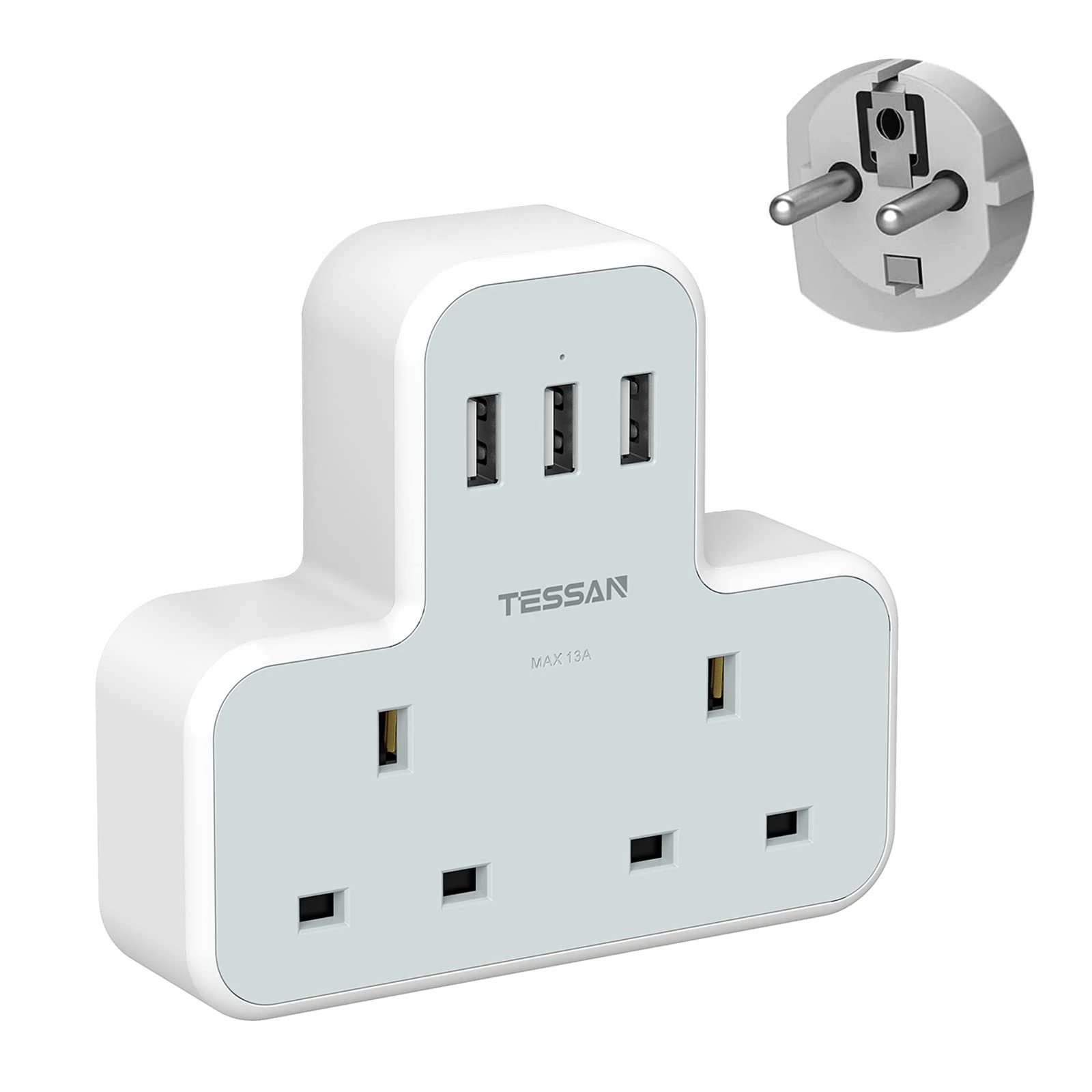 UK to European Plug Adapter, TESSAN Grounded Schuko European Plug Travel Adapter with 3 USB, UK to EU Euro Europe for Spain France Iceland Germany Greece Poland Type E F Adaptor