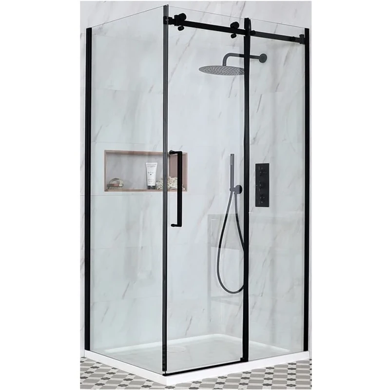 Milano Nero Black Corner Frameless Sliding Door Shower Enclosure White Tray - 1400mm x 800mm
