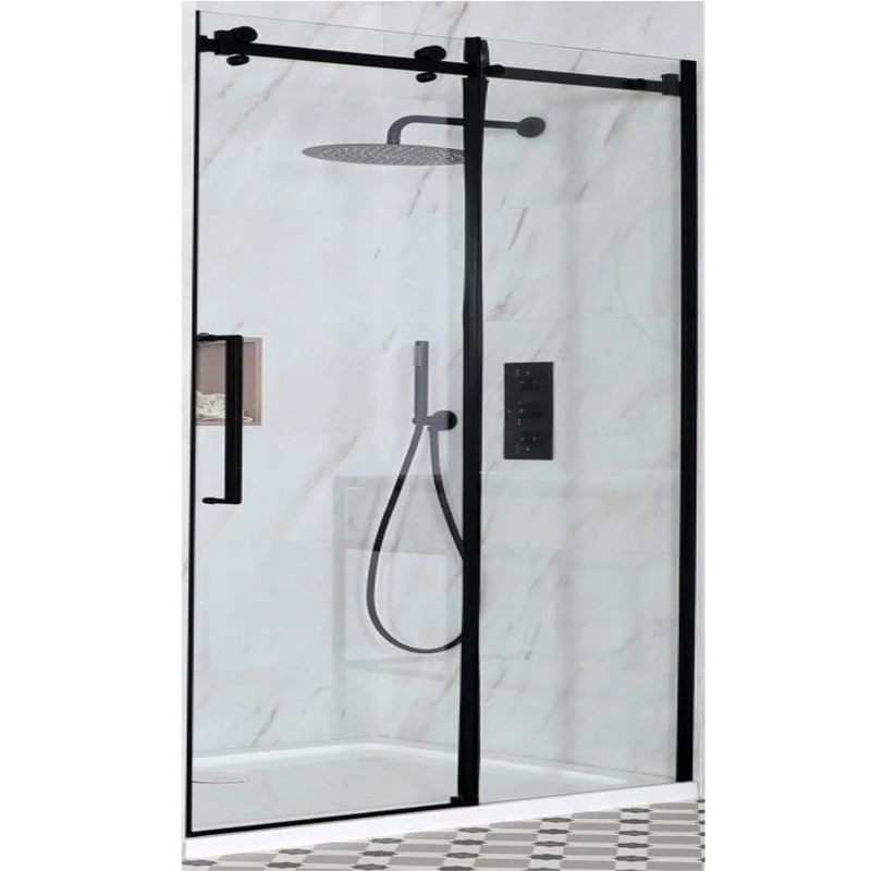 Milano Nero Black Recessed Frameless Sliding Door Shower Enclosure and White Tray - 1500mm x 760mm