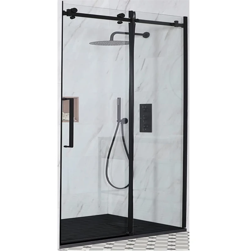 Milano Nero Black Frameless Sliding Door Shower Enclosure Graphite Tray - 1500mm x 800mm