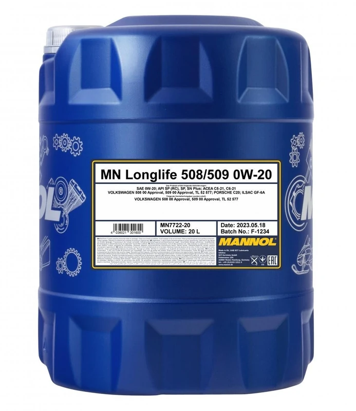 Mannol 20 Litres Longlife 508/509 0W-20 Engine Oil 7722 API SP Fully Synthetic PAO Based