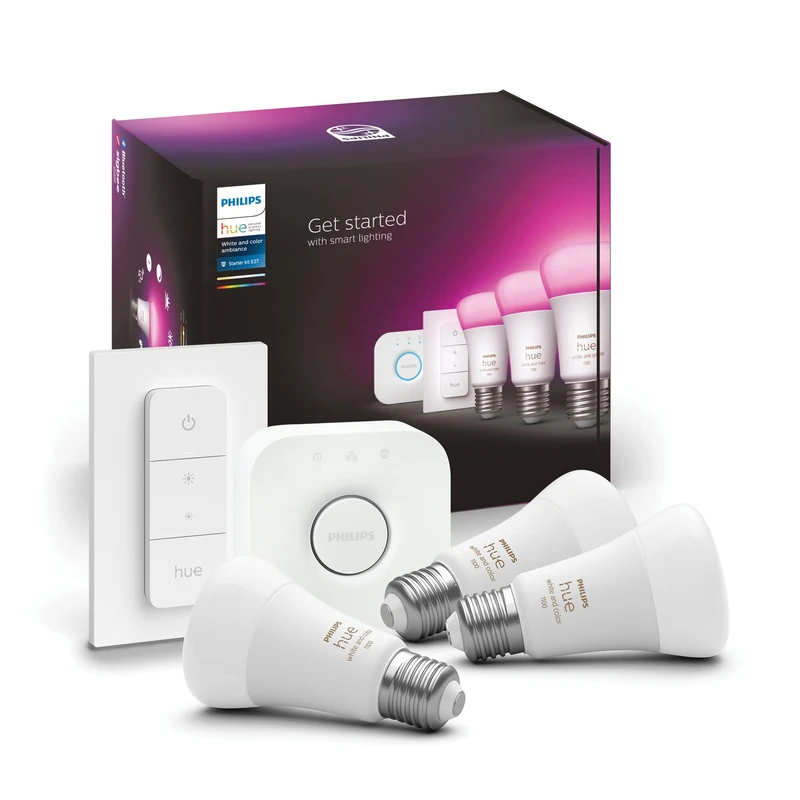 Philips Hue White and Color ambiance Kit de démarrage : 3 ampoules connectées E27 (1100) + variateur