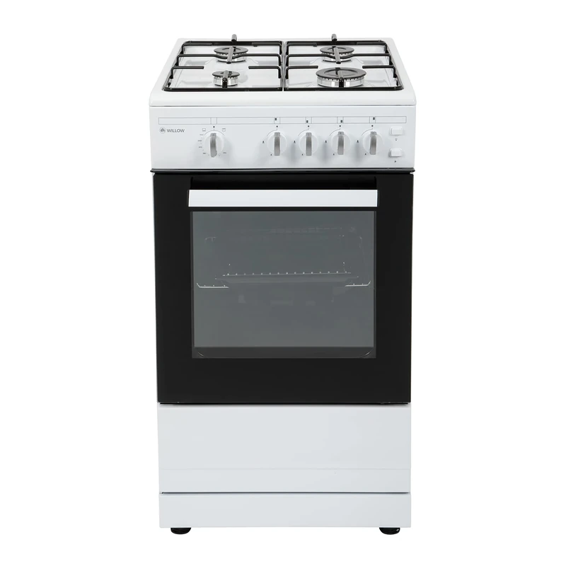 Willow WSG50W 50cm Wide Gas Cooker with Gas Oven, Integrated Grill, Four Burner Hob, Enamel Pan Supports, Easy Clean Interior in White