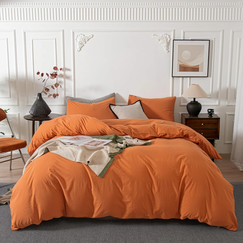 Janlive Washed Cotton Duvet Cover Set Linen Feel Textured Ultra Soft 100% Cotton Solid Color Orange Duvet Cover Set with Zipper Closure -3 Pieces Orange King