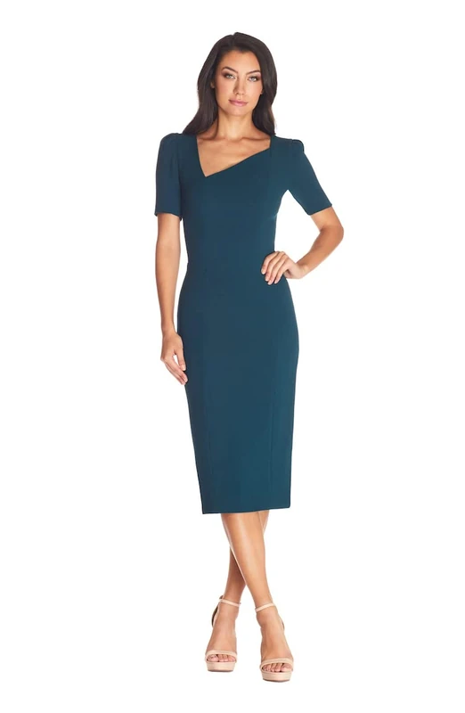 Dress the Population Women's Ruth Short Puff Sleeves Asymmetrical Neckline Bodycon Midi Dress, Pine, X-Large - Image 1