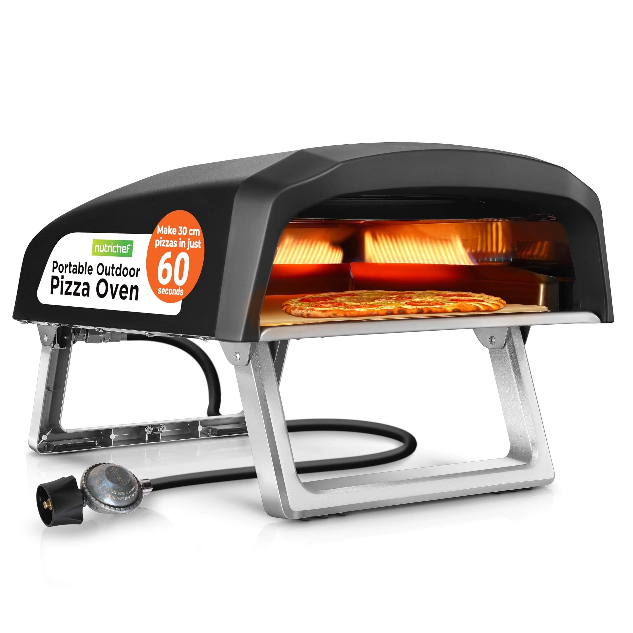 NutriChef Portable Outdoor Pizza Oven – 30.48cm Gas Pizza Oven, 360° Rotating Stone, Quick Heating, Premium Stainless Steel Grill, Includes Stone & Regulator w/ Hose, Ready in 60 Sec