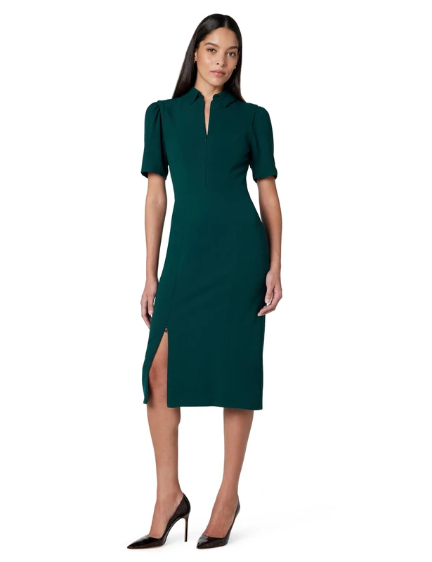 Dress the Population Women's Gloria Collared Zip Neck Short Sleeve Bodycon Midi Dress, Pine, Large