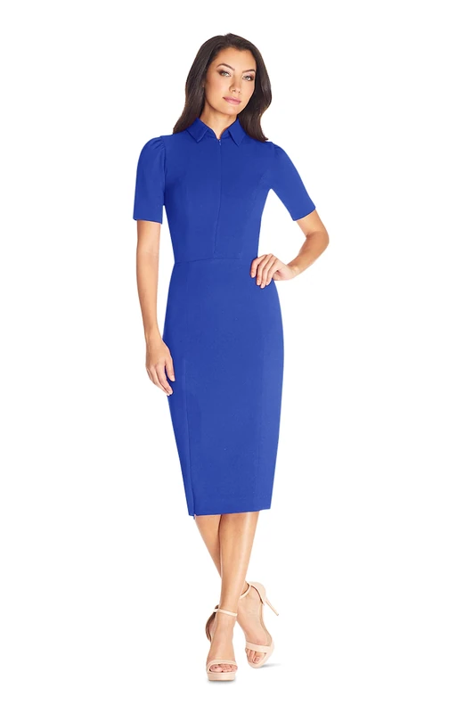 Dress the Population Women's Gloria Collared Zip Neck Short Sleeve Bodycon Midi Dress, Cobalt, Medium
