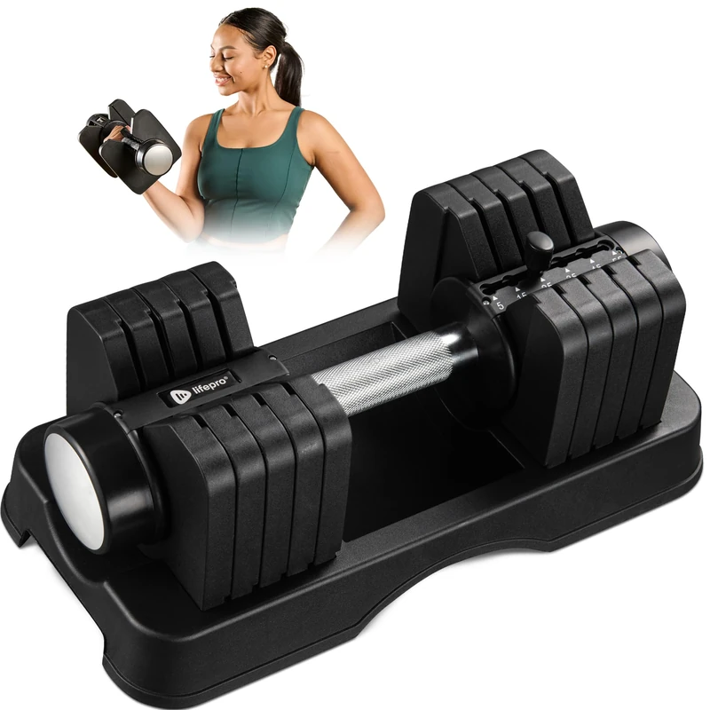 Lifepro Adjustable Dumbbell 25kgs - Single Weight Set for Home Gym with Anti-Slip Handle & Easy Mechanism - Weights for Women & Men with Storage Rack - Single Dumbbell 2-25kgs