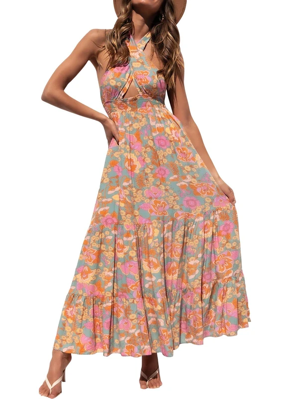 ZESICA Women's 2023 Summer Crossover Halter Neck Sleeveless Plaid Cut Out Backless Flowy A Line Maxi Dress, Greygreen, M