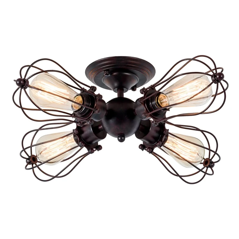 LULING Vintage Ceiling Light Industrial, Chandeliers E27 Socket Metal Wire Cage Lamp Semi-Flush Mount Rustic Ceiling Light Metal Lamp Fixtures (No Bulb) (with 4 Light) (Rust)