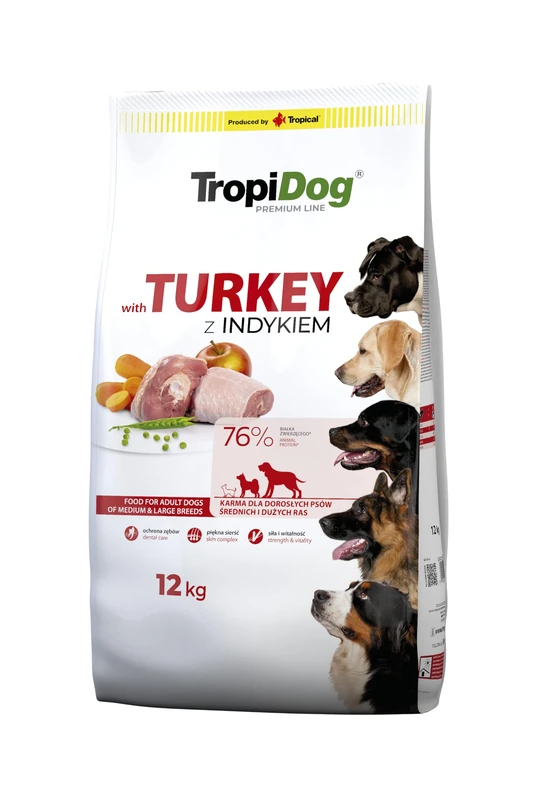 Premium Complete Dry Dog Food with Turkey and Rice for Medium and Large Adult Breeds 12kg