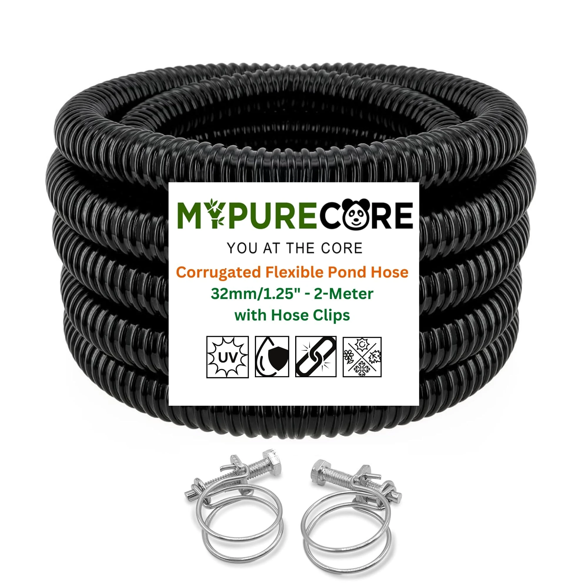 Corrugated Flexible Hose Pond Pipe 1.25" /32mm – 2-Meter with Advanced Double-Wired Hose Clips for Pond Pumps, Filters, Drainage – Corrugated Water Butt Connector Pipe - Black. Set by MYPURECORE