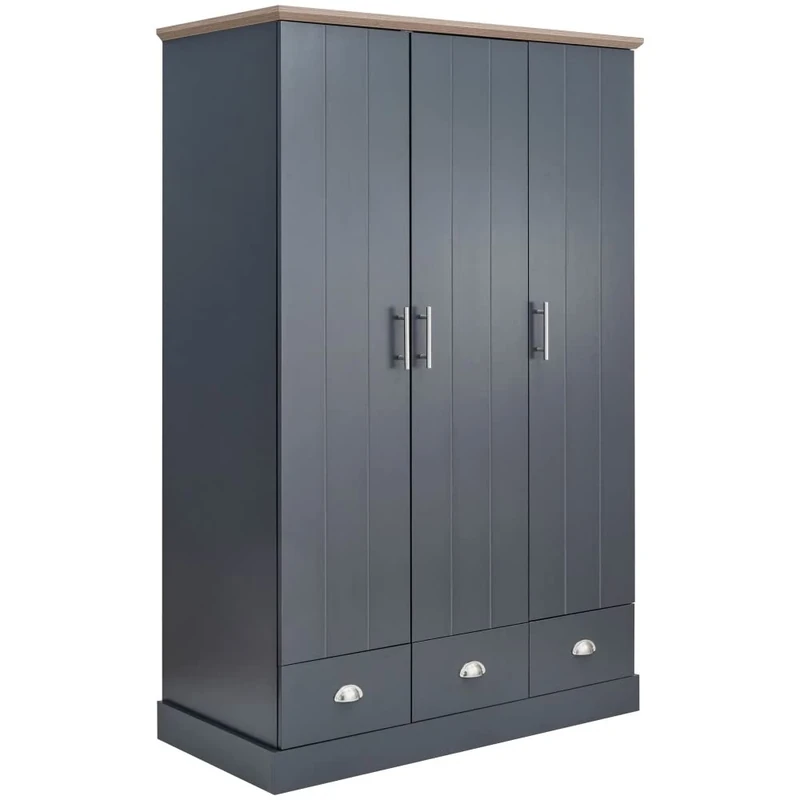 GFW Kendal 3 Door Wardrobe With Hanging Rail & 3 Storage Drawer For Bedroom, Modern Wooden Wardrobes, Modern Bedroom Furniture Clothes Storage With Contrast Oak Top, Slate Blue,