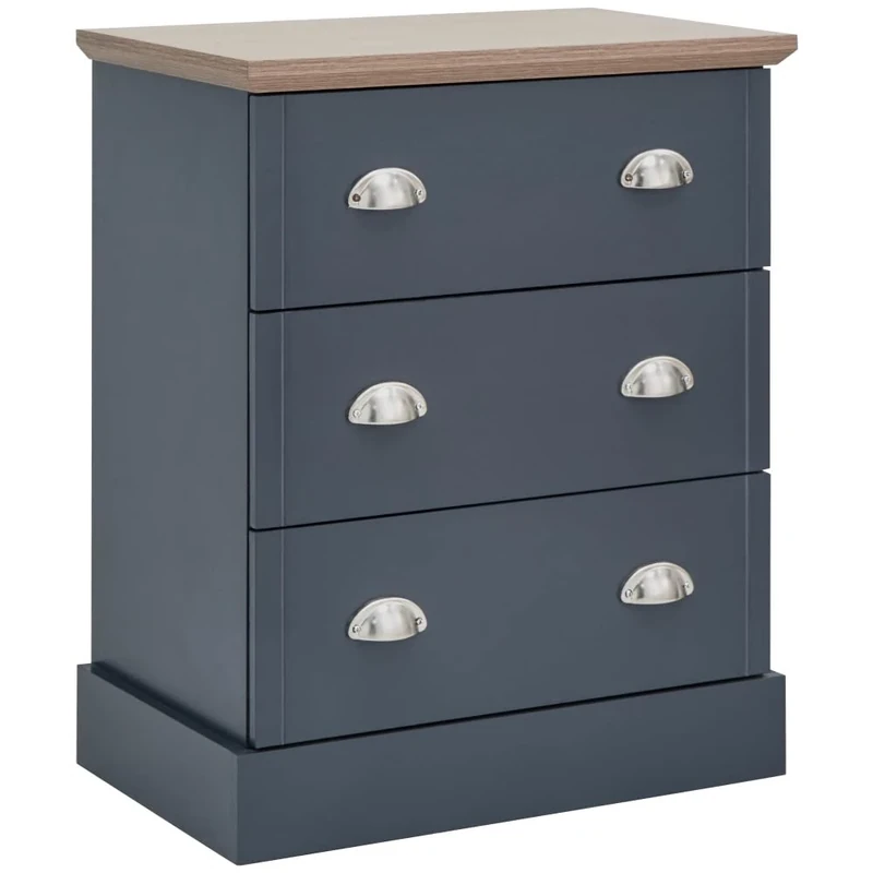 GFW Kendal 3 Drawer Chest With Steel cup Handle & 34 Litre Drawers Bedroom, Modern Wooden side table, Modern Bedroom Furniture Storage With Contrast Oak Top, Slate Blue, H-71.2cm x W-59cm x D-39.6cm