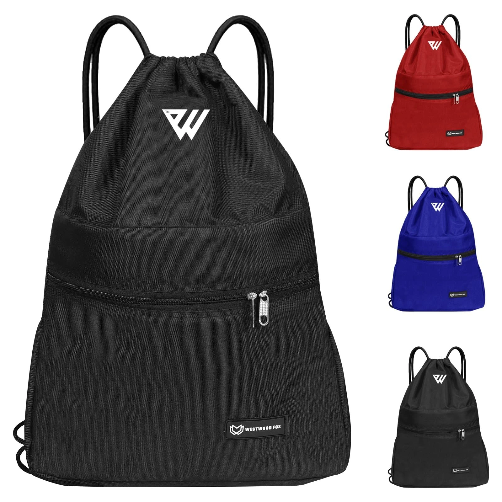 WFX Drawstring Bag String Waterproof Sport Gym Sack Backpack for Women Men PE Bag Outside Pocket Zipper School Beach Holidays Swimming Travel (black)