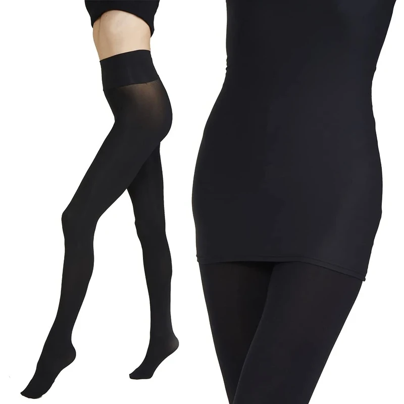 60 denier black opaque seamless women's tights, 2 pair pack