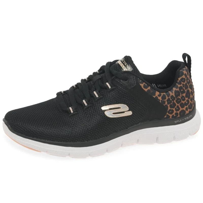 Skechers Women's Flex Appeal 4.0 Wild Ballad Sneaker, Black Mesh/Leopard Trim, 3 UK