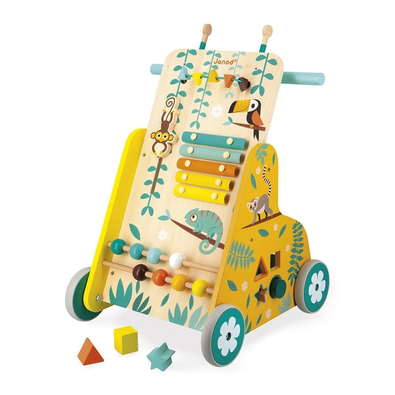 Janod - Tropik Multi-Activity Trolley - Wooden Walker/Cart - 6-Activity Educational Toy - Silent Wheels and Stop Nuts - FSC-Certified - Water-Based Paint - 1 Year + - J08269