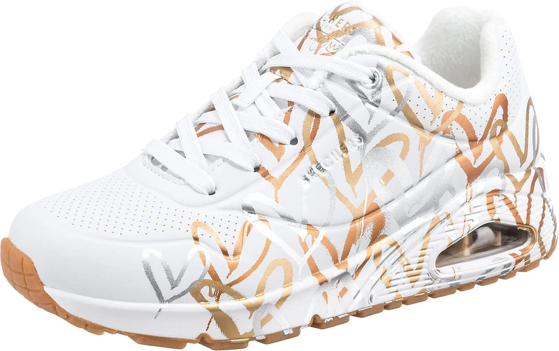 Skechers Women's Uno Metallic Love Sneaker, White and Multi Metallic Heart Print Durabuck, 6.5 UK