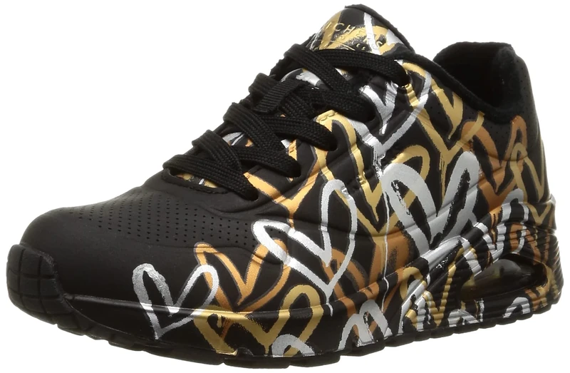 Skechers Women's Uno Metallic Love Sneaker, Black and Multi Metallic Heart Print Durabuck, 6 UK