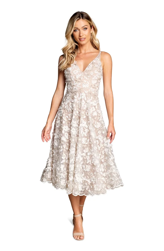 Dress the Population Women's Elisa Sleeveless Plunge Neckline Fit and Flare Midi Dress, White/Gold, Small