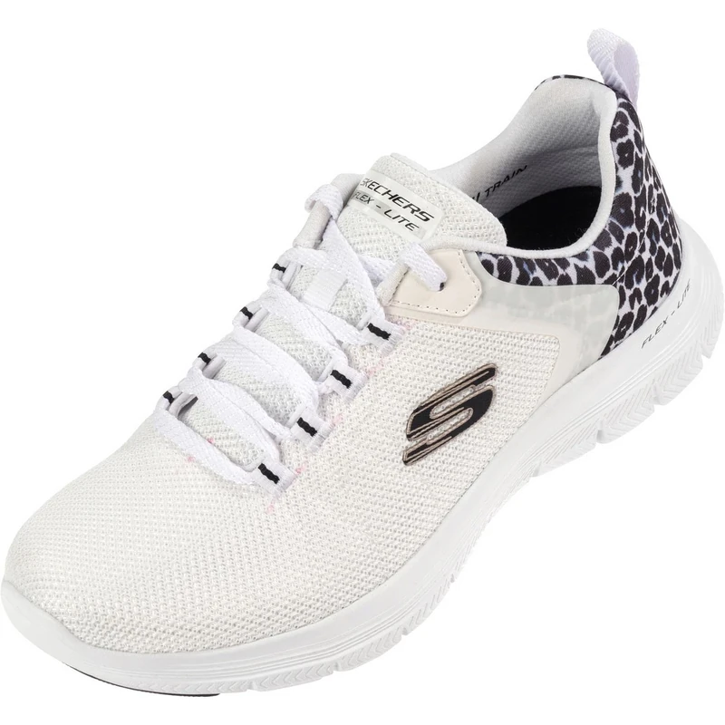 Skechers Women's Flex Appeal 4.0 Wild Ballad Sneaker, White Mesh/Leopard Trim, 2.5 UK