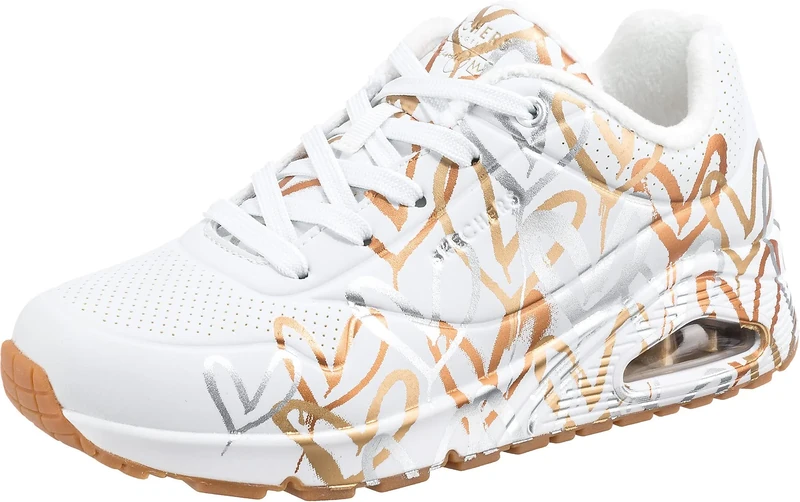 Skechers Women's Uno Metallic Love Sneaker, White and Multi Metallic Heart Print Durabuck, 5 UK