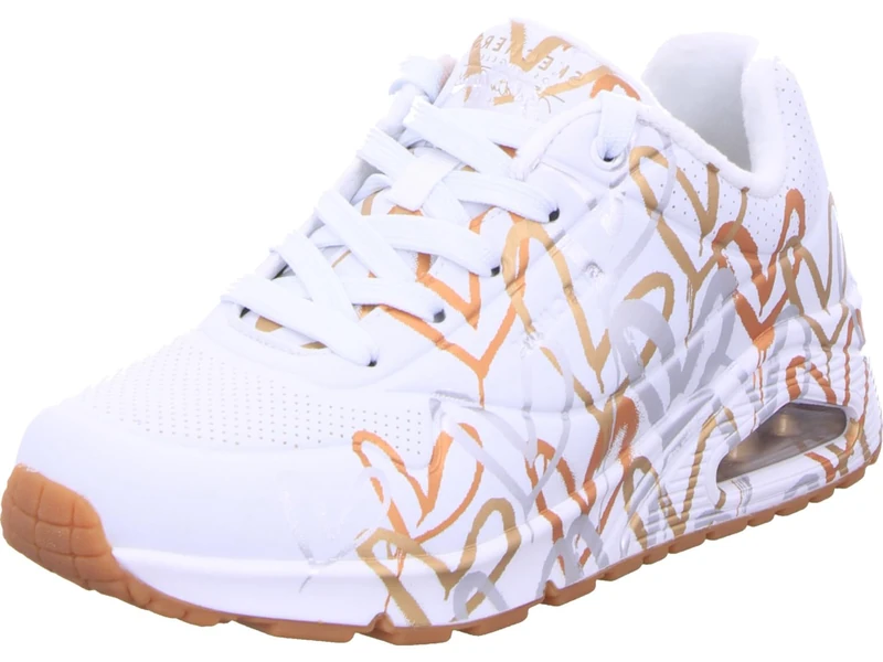 Skechers Women's Uno Metallic Love Sneaker, White and Multi Metallic Heart Print Durabuck, 4.5 UK