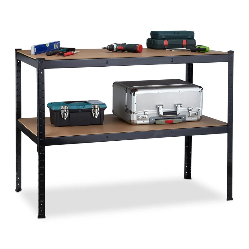 Relaxdays Workbench, 2 Levels, Workshop & Garage, Steel & MDF, H x W x D: 90 x 120 x 60 cm, Black