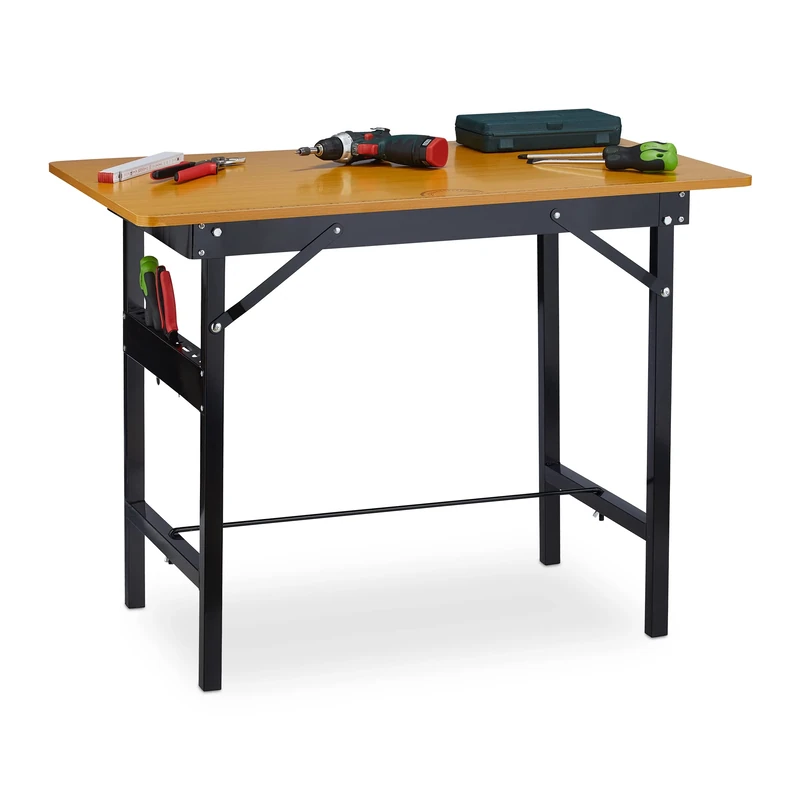 Relaxdays Workbench, Foldable, Up to 100 kg, Integrated Ruler and Protractor, H x W x D: 76 x 100 x 60 cm, Natural/Black, Steel