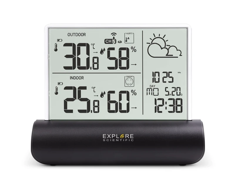 Explore Scientific WSH4501 Weather Station with Clear Glass Display, Barometric Pressure, Indoor and Outdoor Temperature and Humidity, Includes Sensor, Black - Image 1