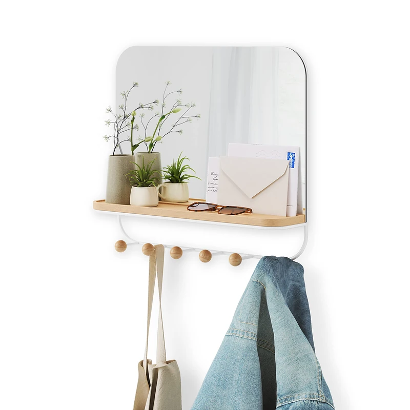 Umbra Estique Entryway Organizer Storage Solution with Mirror, Shelf and Hooks for Keys, Mail, Glasses, Wallet, Purse, Hat, and More, White - Image 1