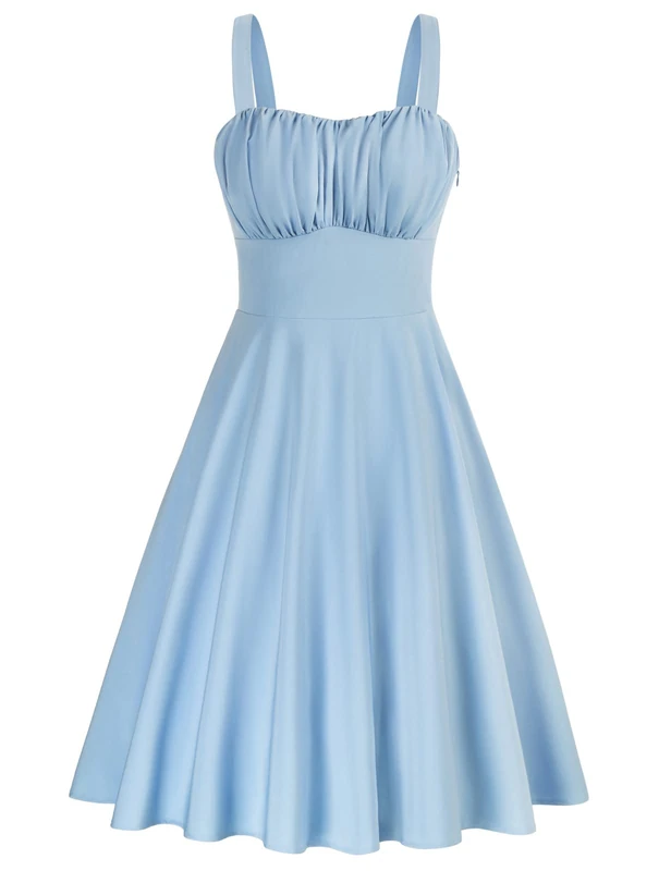 Belle Poque Women's Vintage Sleeveless Solid Floral Ruched Summer Cute A-Line Flowy Swing Midi Dress, Light Blue, M - Image 1