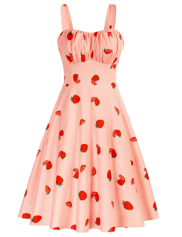 Belle Poque Women's Vintage Sleeveless Solid Floral Ruched Empire Waist A-Line Swing Midi Dress, Pink-Strawberry, X-Large