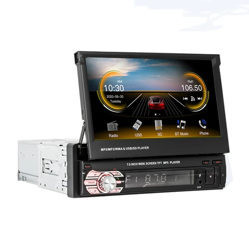 VIGORTHERIVE High-definition single-spindle retractable screen 7-inch car audio and video Bluetooth hands-free car radio MP5 player reverse priority 9601